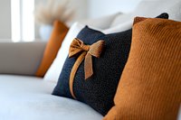 Decorative navy blue throw pillow with brown corduroy bow accent on light gray sofa, flanked by orange cushions creating modern home interior design element.