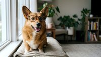 Smart corgi dog wearing glasses sitting on cushion by window in modern home interior with plants and books creating cozy atmosphere for pet lifestyle content.