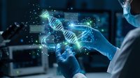 Scientist in blue gloves holding holographic DNA double helix with digital data visualization in modern laboratory for genetic research and biotechnology.