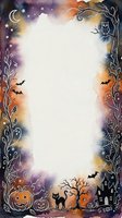 Halloween watercolor border frame with pumpkins, bats, spooky trees, owl, haunted house, spider web, moon and stars on white background for party invitations.