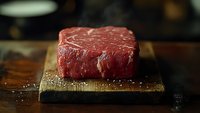 Raw beef steak with salt crystals on rustic wooden cutting board against dark background, dramatic lighting highlights meat texture and marbling.