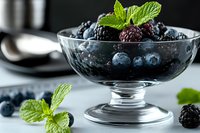 Fresh blueberries and raspberries in elegant glass bowl garnished with mint leaves on light background, moody food photography with selective focus.