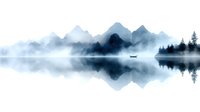 Tranquil mountain lake landscape with small boat silhouette amid morning fog, reflected in calm waters. Minimalist watercolor style mountain range and pine trees create mirror effect.