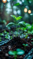 Young plant growing from soil with digital growth charts and data visualization elements, symbolizing sustainable technology and smart agriculture in green environment.