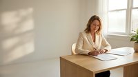 Young woman with shoulder-length blonde hair, Caucasian ethnicity, wearing a beige blazer, seated at wooden desk writing on documents in bright, minimalist office space with natural window light.