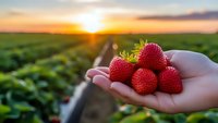 Fresh ripe strawberries in farmer's hand at sunset over agricultural field rows. Organic fruit harvest concept for healthy eating and farm produce.