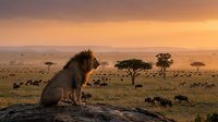 Male lion sitting on rock overlooking savanna landscape with wildebeest herd and acacia trees at golden hour sunset, wildlife safari scene.
