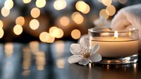 Glowing candle in glass holder with delicate white jasmine flower against blurred golden bokeh lights background creates peaceful spa atmosphere.