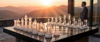 Glass chess set on outdoor terrace at sunset with mountain landscape and silhouette of businessman in background for strategic planning concepts.