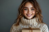 Young woman with radiant smile wearing cozy white knit turtleneck sweater holds wrapped gift box against dark background. Natural wavy hair frames glowing face.