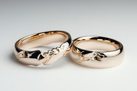Elegant rose gold wedding bands with unique organic design pattern featuring delicate leaf motifs and subtle diamond accents on white background.