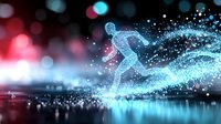 Digital particle runner figure in motion with glowing blue energy trail and colorful bokeh lights background for sports technology concepts.