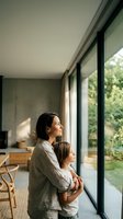 Mother and daughter embracing while looking through large windows in modern home with natural light and garden view for family lifestyle concepts.