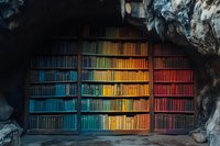 Rainbow colored bookshelf in cave setting with spectrum arrangement from blue to red, old volumes creating gradient effect against rough stone walls.