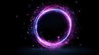 Glowing neon circle with purple and blue light effects on black background, sparkling particles creating magical portal ring with luminous trail.
