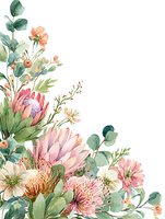 Delicate watercolor protea flowers with eucalyptus leaves and small pink blooms create elegant corner arrangement on white background, suitable for wedding stationery.