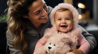 Joyful baby girl in pink fuzzy winter outfit laughing while holding teddy bear, with caring mother in casual wear sharing tender moment at home.