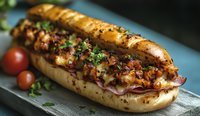 Grilled submarine sandwich filled with caramelized onions, melted cheese, and chopped herbs, garnished with fresh cherry tomatoes on rustic wooden board.