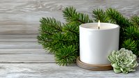 Elegant white candle with burning flame on wooden surface surrounded by fresh pine branches and succulent plant for holiday decor.