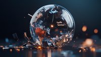 Shattered glass globe with glowing orange continents breaking apart against dark background, depicting global crisis and transformation in dramatic lighting.