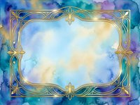 Ornate golden frame with art nouveau flourishes on watercolor background in blue, purple, and gold tones, isolated on transparent background for design projects, invitations, and digital artwork.