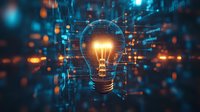 Glowing light bulb with digital neural network connections on dark background with orange and blue bokeh effects represents innovation and AI technology.