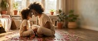 Adult woman with curly brown hair and young child with curly brown hair sitting on wooden floor reading book together in bright living room with plants and natural light.