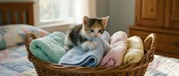 Young tabby and white kitten sitting in wicker basket filled with folded colorful blankets and textiles, domestic interior setting with window and wooden furniture in background.