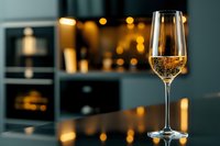 Elegant champagne flute filled with sparkling wine on modern kitchen counter with warm ambient lighting creating luxurious dining atmosphere for celebrations.