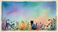 Watercolor cats and floral border with colorful gradient sky background, copy space for text, greeting card or banner design.