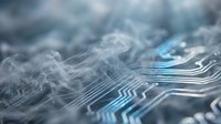 Futuristic circuit board with flowing digital smoke effects and glowing blue pathways creating abstract technology background for modern electronics concepts.