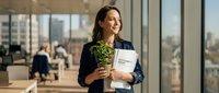 Young professional businesswoman holding plant and documents in modern office space with city view background for corporate wellness concepts.