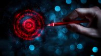 Red glowing digital target with hand holding dart against dark blue bokeh background, representing business goal achievement and strategic focus.