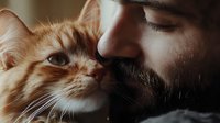 Close-up of bearded man gently touching noses with ginger cat in warm, intimate moment showing bond between human and pet.