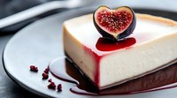 Slice of vanilla cheesecake topped with fresh fig heart shape and red berry sauce on black plate, macro food photography with selective focus.