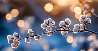 Cotton branch with soft white bolls against blurred bokeh lights background in warm golden sunset creating dreamy atmospheric nature composition.