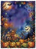 Spooky autumn night scene with glowing jack-o-lanterns, bare trees, flying bats, full moon, stars, spider webs, and ornate fall foliage border frame on dark blue sky background.