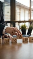 Business professional arranging wooden blocks with strategy icons on office desk. Corporate planning and goal-setting concept for presentations and marketing.