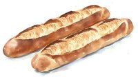 Fresh baked crusty French baguettes with golden brown crust and distinctive scoring pattern on white background, watercolor style food illustration.