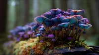 Vibrant cluster of purple and blue mushrooms growing on moss-covered log in forest, showcasing nature's colorful fungi diversity in woodland environment.