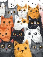 Adorable cat faces pattern featuring various colored felines with big expressive eyes in watercolor style. Orange, black, white and gray kitties arranged in rows.