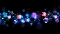 Glowing molecular structure with connected spheres in pink and blue colors against dark background creates futuristic scientific visualization effect.
