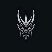 Stylized metallic demon face mask with sharp angular features and horns on dark background, tribal warrior aesthetic design for gaming, esports or tattoo art.
