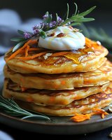 Stack of golden carrot pancakes topped with sour cream, almonds and fresh rosemary sprigs on rustic plate, close up view of homemade breakfast food styling.