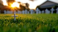 Small white cross on green grass in cemetery at sunset with sun rays breaking through clouds, creating peaceful memorial atmosphere.