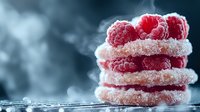 Frozen raspberries covered in ice crystals stacked on wooden surface with dramatic smoky background for culinary and food photography projects.
