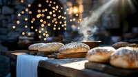 Fresh baked bread rolls with steam rising, dusted with flour on wooden board against dark background with golden bokeh lights, cozy bakery atmosphere.