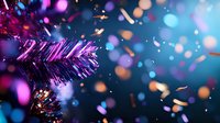 Festive Christmas tree branch with purple tinsel against blurred blue background with bokeh lights and falling confetti creating magical holiday atmosphere.