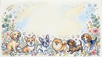 Adorable puppy border frame with various dog breeds sitting together surrounded by floral elements and paw prints on watercolor background for pet designs.