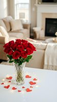 Red roses bouquet in crystal vase with heart confetti on white table in cozy living room for romantic Valentine's Day celebration and love decoration.
